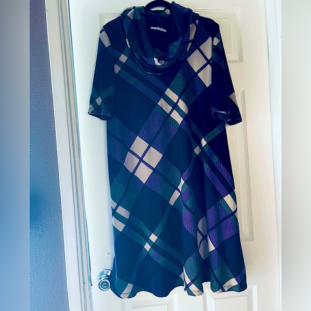 Cowl neck plaid dress